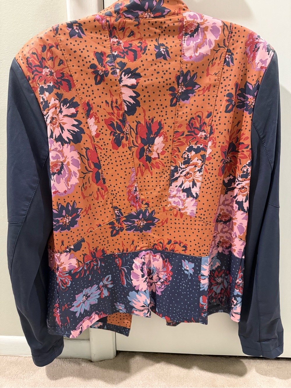 G.I.L.I. Floral Faux Leather Bomber Jacket in Orange and Navy - Picture 2 of 4